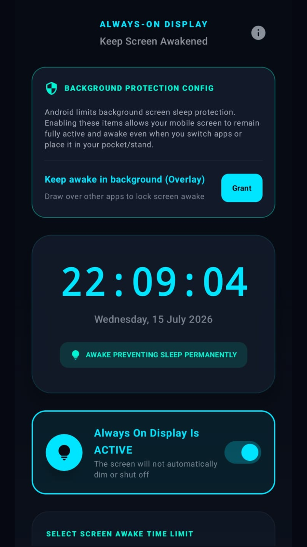 Always On Timer User Interface Mockup